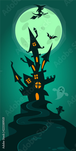 Vector illustration of a spooky house on a dark hill against a nighttime sky background.
