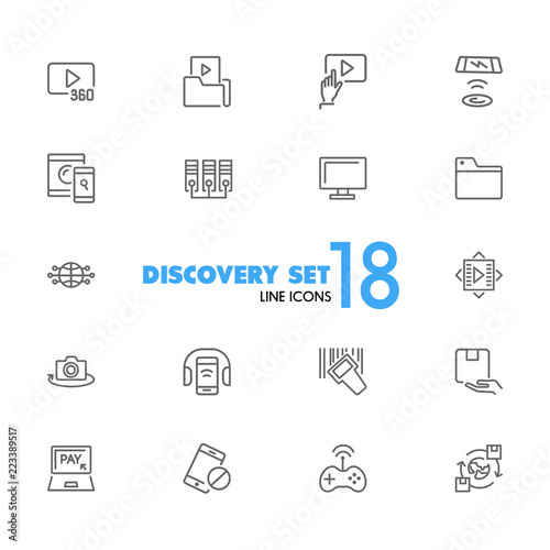 Discovery icons. Set of line icons. Video content, data exchange, online service. Discovery concept. Vector illustration can be used for topics like digital device, multimedia, apps.