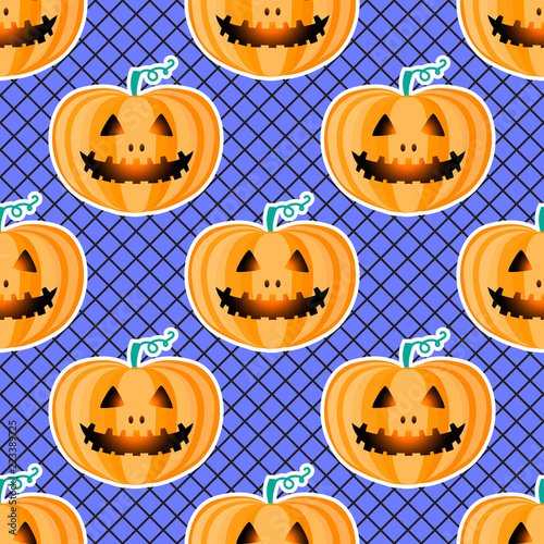 Happy Halloween jackolantern seamless pattern. Jack lantern pumpkin with black fishnet tights. Vector illustration isolated on blue background.