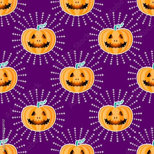 Happy Halloween jackolantern seamless pattern. Jack lantern pumpkin with rays. Vector illustration isolated on purple background.