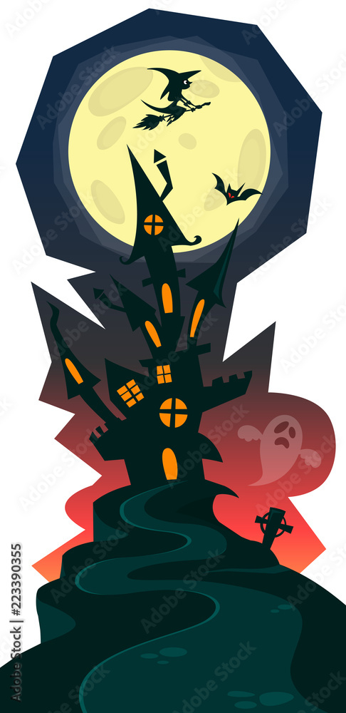 Haunted halloween witch house isolated on white background. Design for print or party decoration

