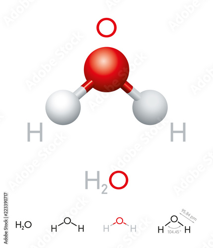 H2O. Water molecule model, chemical formula, ball-and-stick model, geometric structure and structural formula. Polar inorganic compound, tasteless and odorless liquid. Illustration over white. Vector.