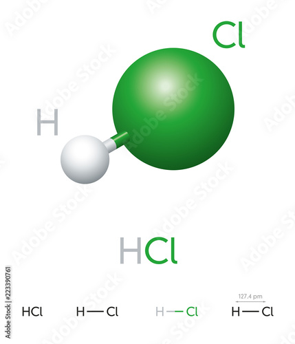 HCl. Hydrogen chloride. Molecule model, chemical formula, ball-and-stick model, geometric structure and structural formula. Hydrogen halide. Hydrochloric acid. Illustration on white background. Vector