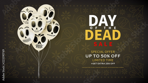 Festive web banner of Day of the Dead sale. Dark background with white balloons. Vector illustration for seasonal discount offer.