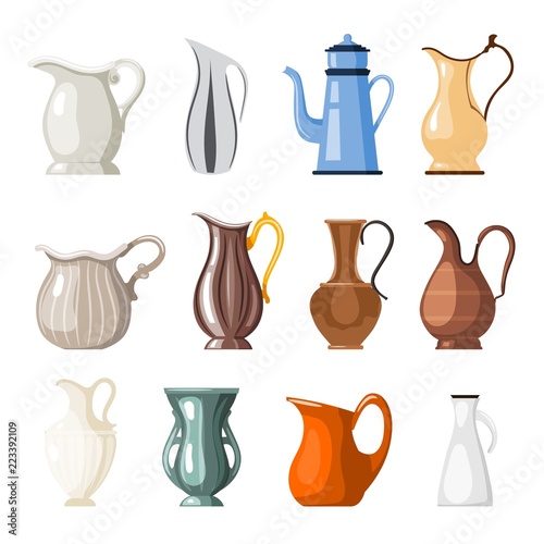 Set of colored vases and jugs in cartoon style on a white background collection of  vessels for vector illustration photo