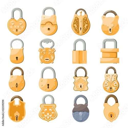 Antique old padlocks set in cartoon style on white background vintage lock security and safety mechanisms vector illustration