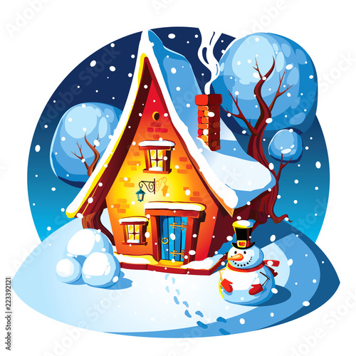 Rustic stone house. Winter landscape.