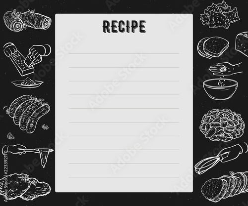 Recipe card. Cookbook page. Design template with hands preparing meals, kitchen utensils and appliances. Vector illustration in sketch style 