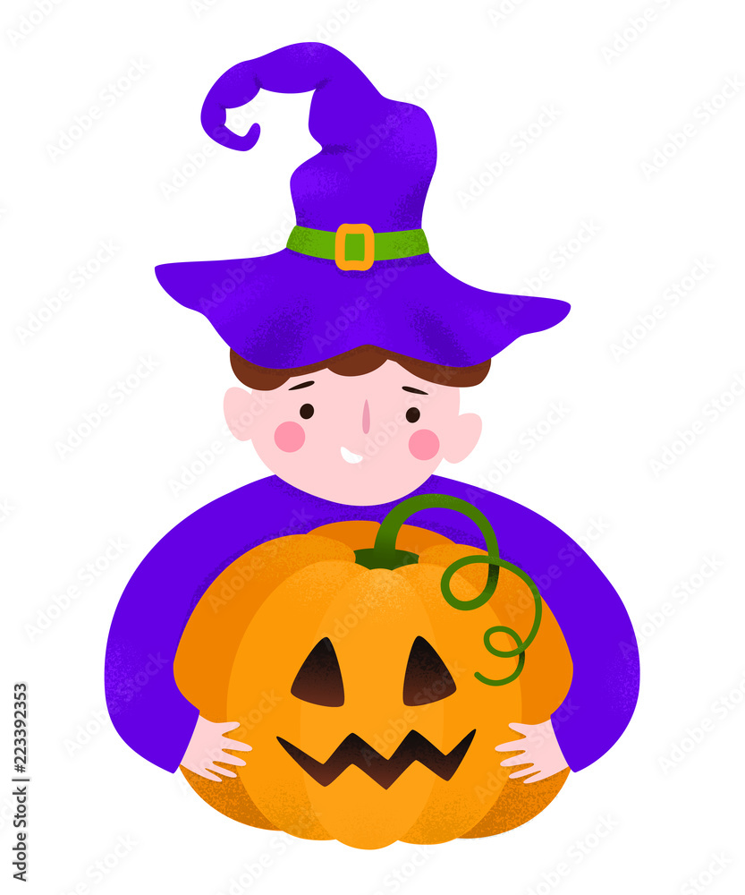 Halloween. Happy boy, pumpkin and witches hat. Vector illustration in cartoon style