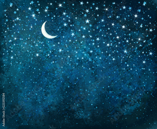 Vector night starry sky, sparkling stars and moon background.