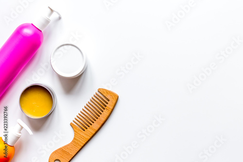 womens haircare spa in bottle on white background top view