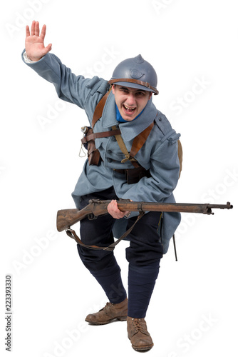 French soldier 1914 1918 attack, November 11th on white background © Philipimage