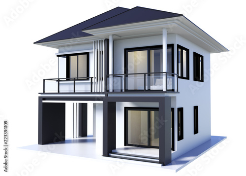 House 3d modern style rendering on white background. © Mr3d