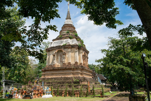 Ancient pagod at Wat Chet Yot,  old buddhist temple in Chiang Mai in northern Thailand