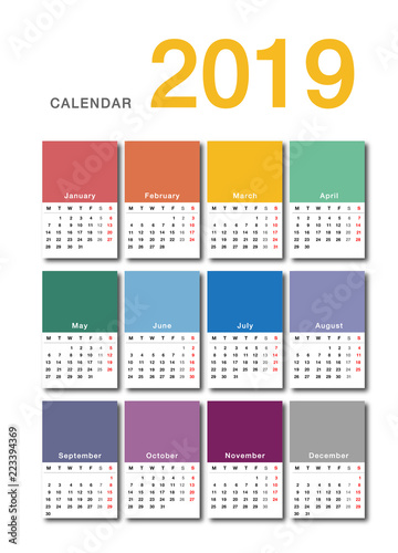 Colorful Calendar year 2019 vector design template, simple and clean design. Calendar for 2019 on White Background