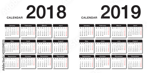 Year 2018 and Year 2019 calendar vector design template, simple and clean design. Calendar for 2018 and 2019 on White Background for organization and business. Week Starts Monday.  Vector Template