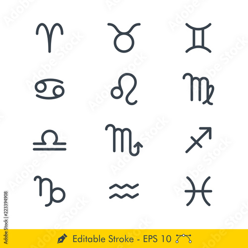 Zodiac signs for horoscope (Astrology) Icons / Vectors Set - In Line / Stroke Design | Contains Such Aries, Taurus, Gemini, Cancer, Leo, Virgo, Libra, Scorpio, Sagittarius, Capricorn, Aquarius, Pisces