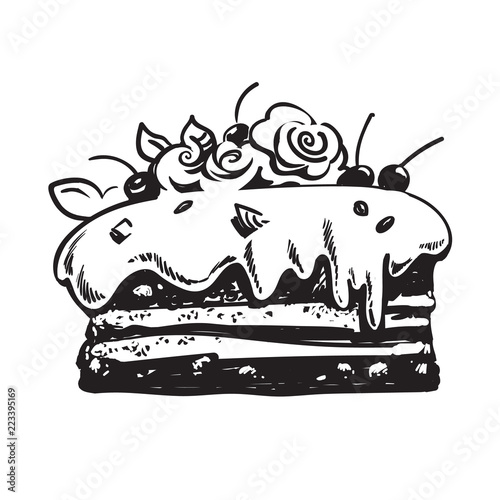 Hand drawn sketch of cake decorated with marzipan roses and cherries. Vector.