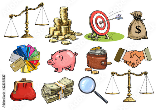 Cartoon business set. Scales, stack of coins, sack of dollars, credit cards, handshake, purse, wallet, piggy bank, target, arrow, magnifying glass.