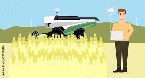 Robotic combine harvester crop the wheat  harvest.  Internet of things.