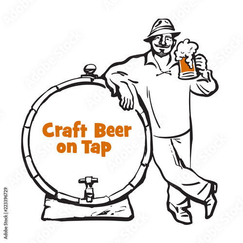 Cheerful man with beer mug and sausage. Hand drawn vector in sketch style isolated on white background