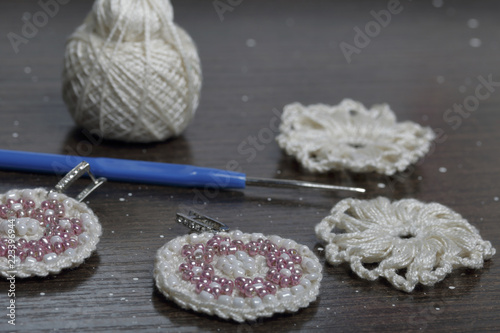 Crochet jewelry for women. Earrings knitted by an entrepreneur. Threads for knitting, billets and finished products.