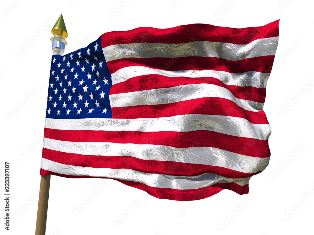 Obraz premium USA flag Isolated Silk foil waving flag of United States of America with wooden flagpole with golden spear on white isolate background 3d illustration