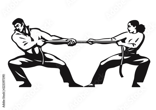 Tug of war. Man and woman are pulling rope. Business competitive concept. Couple fighting. Gender conflict. Psychology of relationships. Vector