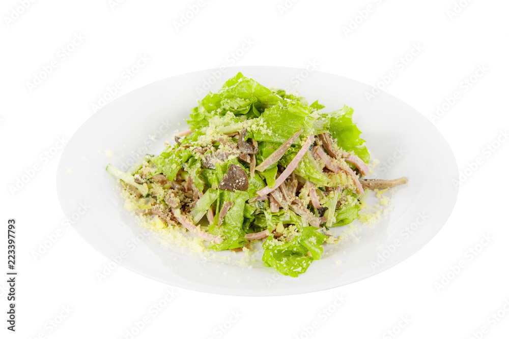 Salad with meat, beef, boiled pork, mushrooms, sausage, ham, lettuce, cheese on plate, white isolated background Side view. For the menu restaurant bar cafe