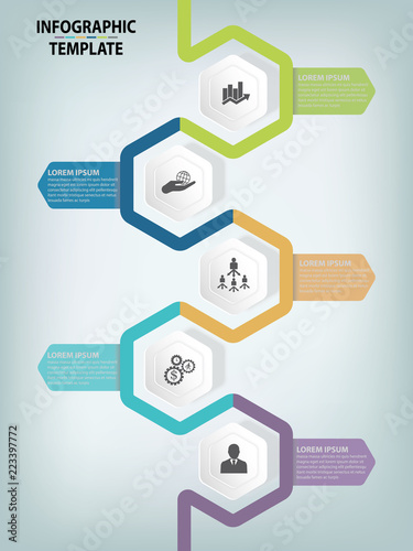 Modern infographic process template vector template with 5 hexagons can be used for workflow layout, diagram, website, corporate report, advertising, marketing.