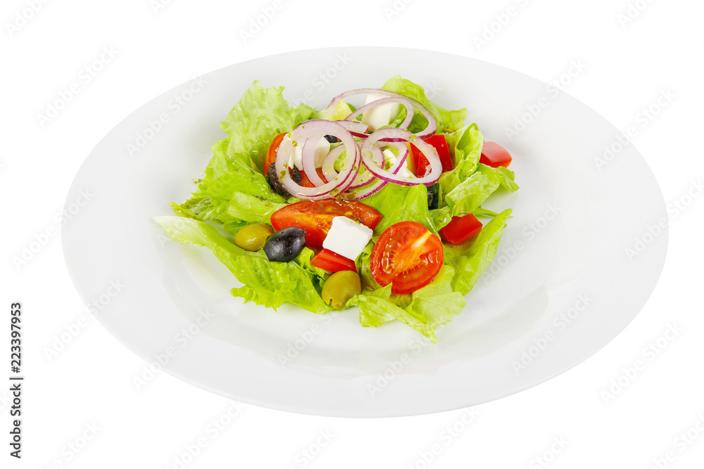 Greek salad with feta, olives, lettuce, red onion, cucumber, cherry tomato, bell pepper, oil on plate, white isolated background Side view. For the menu, restaurant bar cafe