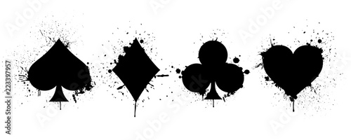 The suits of the deck of playing cards on background of splashing. Vector illustration.