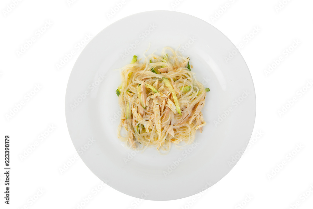 Salad with fuchsozoy, meat, chicken, cucumber, zucchini, soy sauce on plate, white isolated background, view from above, for the menu, restaurant bar cafe Salad with fuchsozoy, meat, chicken, cucumber, zucchini, soy sauce on plate, white isolated background, view from above, for the menu, restaurant bar cafe