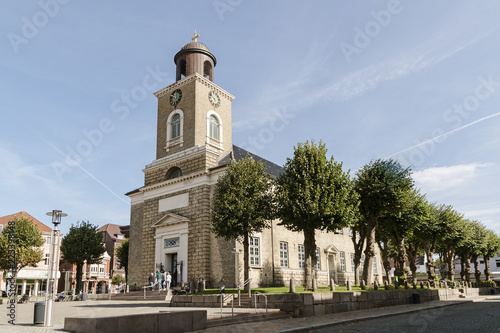 Marienkirche (St. Mary's Church) in the old town of Husum, the capital of Nordfriesland and birthplace of German writer Theodor Storm, in Schleswig-Holstein, Germany, copy space photo