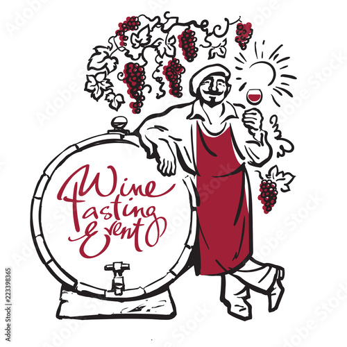 Winemaker tasting red wine in glass smiling leaning on barrel in vineyard. Hand drawn sketch vector.