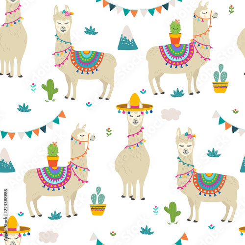 PrintCute cartoon llama alpaca seamless pattern vector graphic design. Hand drawn llama character illustration and cactus elements for nursery design, birthday, baby shower design and party decor, pri