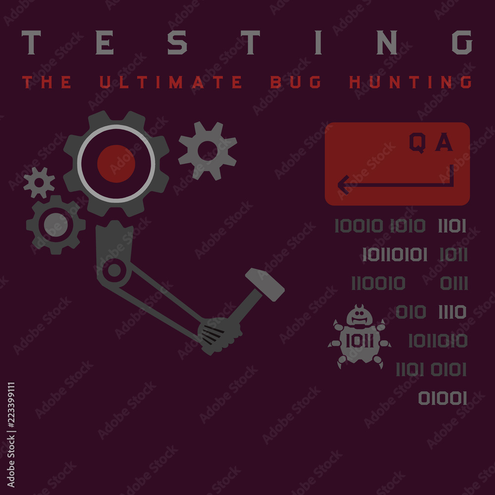 Obraz premium Quality assurance process illustration in purple. Finding bugs. Square