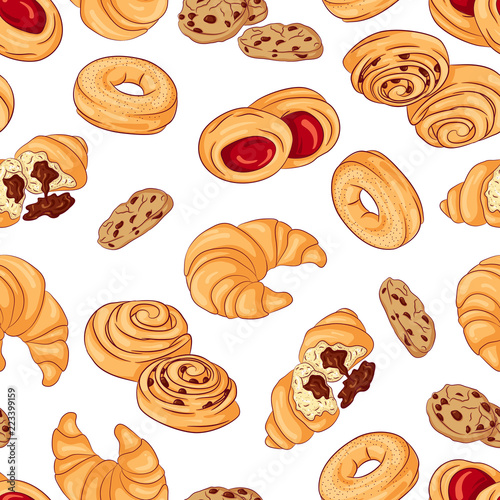 Vector seamless pattern with various pastries. Illustration isolated on white background. Hand drawn pattern