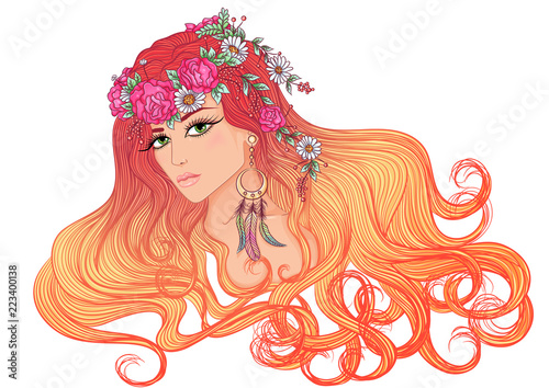 Vector illustration with a portrait of a beautiful young girl with long hair with hair dress of flowers. Girl with red hair and green eyes isolated on white background