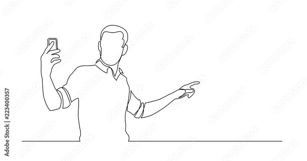 Animation of continuous line drawing of standing man shooting video on his mobile phone Animation of continuous line drawing of standing man shooting video on his mobile phone