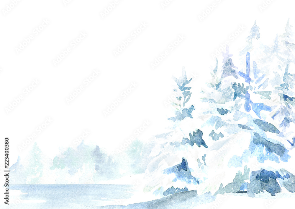 Fototapeta premium Winter forest background. Watercolor hand drawn illustration