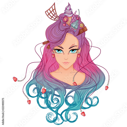 Vector illustration with a portrait of a beautiful young girl with long hair with hair dress of sweets. Girl with rainbow hair isolated on white background