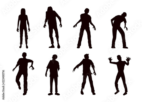 Vector zombie collection in silhouette style. Full body many action in front view.