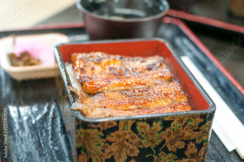 Grilled eel with sauce on rice in Box. Japanese cuisine