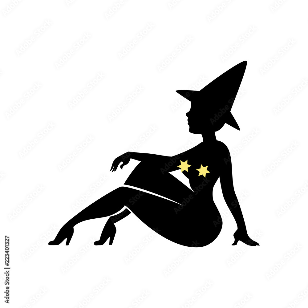 Black silhouette of witch in hat, halloween. Sorceress is sitting sideways. Young woman in carnival costume. Vector illustration. Black silhouette of witch in hat, halloween. Sorceress is sitting sideways. Young woman in carnival costume. Vector illustration.