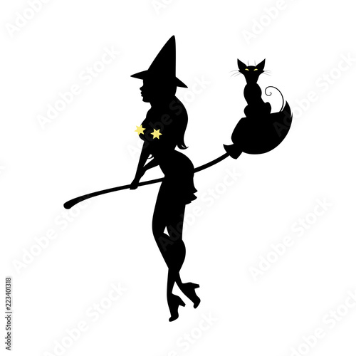 Black silhouette of witch in hat, halloween. Sorceress with long hair and black cat standing with broom. Young woman in carnival costume. Vector illustration.