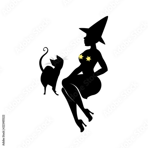 Black silhouette of witch in hat, halloween. Sorceress in dress is sitting with black cat. Young woman in carnival costume. Vector illustration.