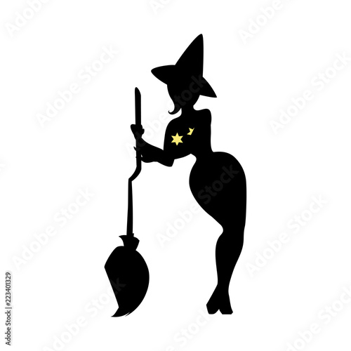 Black silhouette of witch in hat, halloween. Sorceress standing and leaning on broom. Young woman in carnival costume. Vector illustration.