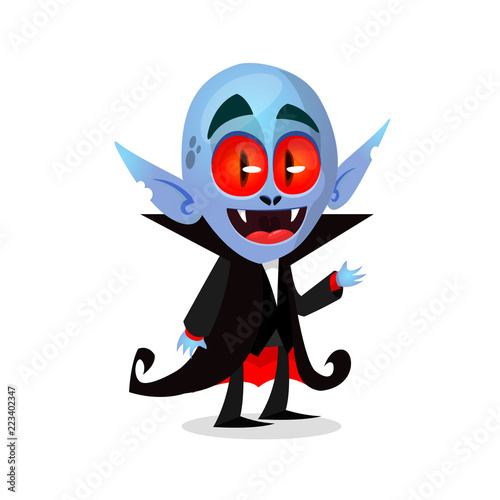 Cute cartoon vampire with red eyes. Vector illustration of dracula