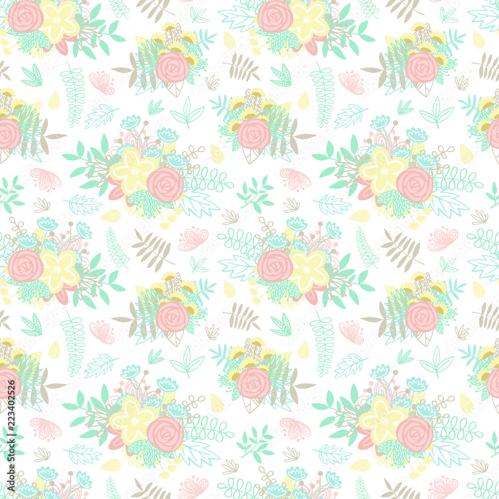 custom made wallpaper toronto digitalSeamless pattern of cartoon hand-drawn flower items, bouquets, flowers and leaves. Illustration in pastel colors for clothes, wrappers, gifts, cards and invitation cards.